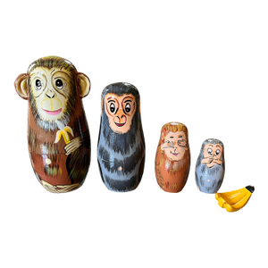 Vintage Hand-Painted Three Wise Monkeys Nesting Dolls With Banana, Set of 5