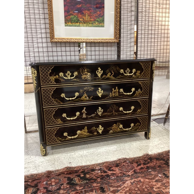 Vintage Hollywood Regency Chinoiserie Black Lacquer Commode For Sale - Image 4 of 5
