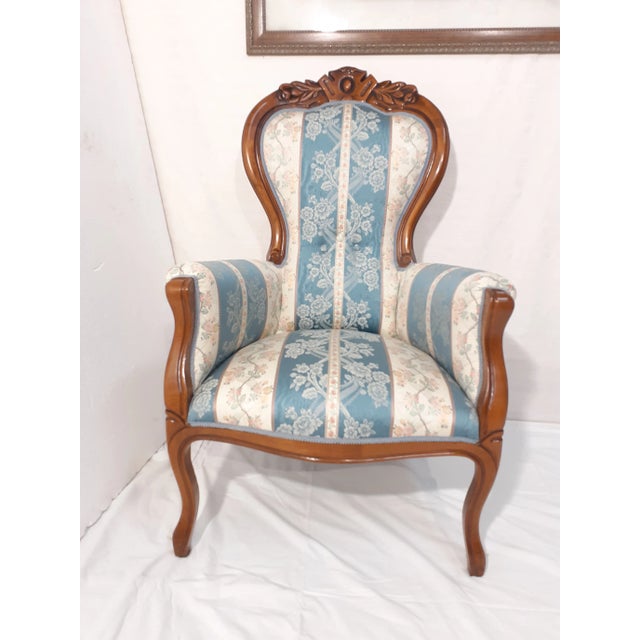 Luigi Philippe style armchairs in maple wood upholstered with damask-blue moirè fabric with Desire' embroidery
