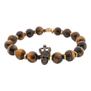 Tiger's Eye Stone Beaded King Skull Charm Bracelet For Sale