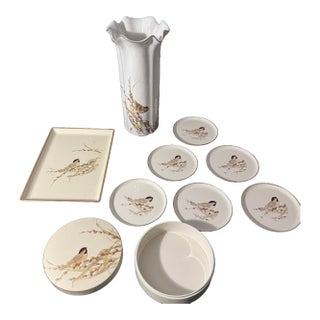 1980s 9-Piece Otagiri Japan Chickadee & Pussy Willow Vanity and Desk Set For Sale