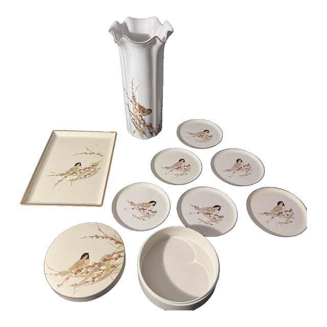1980s 9-Piece Otagiri Japan Chickadee & Pussy Willow Vanity and Desk Set For Sale
