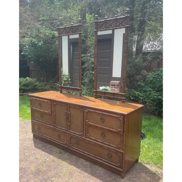 Hollywood Regency 1970s Bedroom Dresser Lowboy Faux Bamboo and Rattan by Drexel with 2 Mirrors Hollywood Regency Coastal Style For Sale - Image 3 of 8