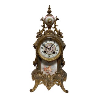 Late 19th Century 1880 Brass and Porcelain French Mantle Clock, Battery Operated For Sale