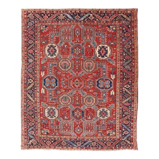 Antique Heriz Rug With Red Field, Geometric Tribal Motifs and Navy Blue Border 9'2 X 11'10 For Sale