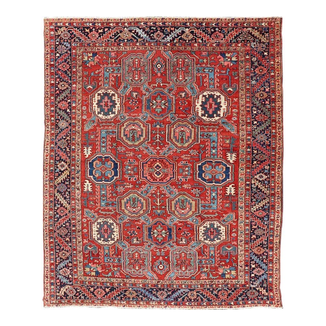 Antique Heriz Rug With Red Field, Geometric Tribal Motifs and Navy Blue Border 9'2 X 11'10 For Sale