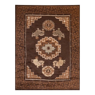1900s Brown Medallion Antique Chinese Mongolian Rug 5' 9''x7' 10'' Handknotted Wool Carpet For Sale