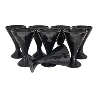 Mid 20th Century La Rochère Fidji Black Amethyst Pressed Glass Goblets, Set of Eight For Sale