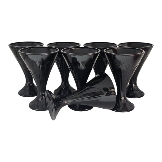 Mid 20th Century La Rochère Fidji Black Amethyst Pressed Glass Goblets, Set of Eight For Sale