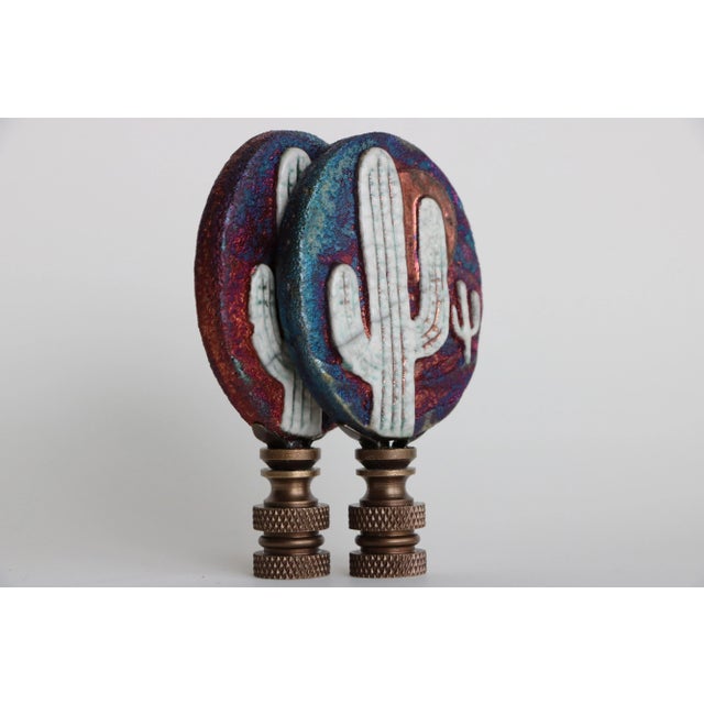 Raku Saguaro Cactus Lamp Finials on Bronze Hardware - a Pair For Sale - Image 4 of 6