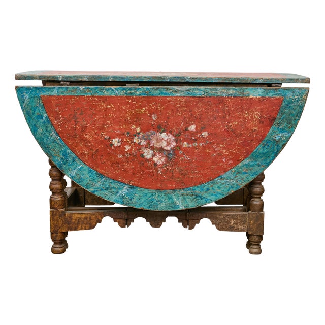 18th-Century Spanish Gateleg Table with Floral Polychrome Décor and Drop Leaves For Sale