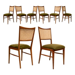 Set of Eight Brazilian Modern Dining Chairs in Caviúna, Cane & Warm Olive Mohair, 1960s For Sale