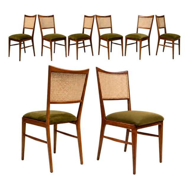 Set of Eight Brazilian Modern Dining Chairs in Caviúna, Cane & Warm Olive Mohair, 1960s For Sale