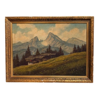 1960s Original Signed S. Gruber Watzman Mountain Oil Painting in Gold Gilt Frame For Sale