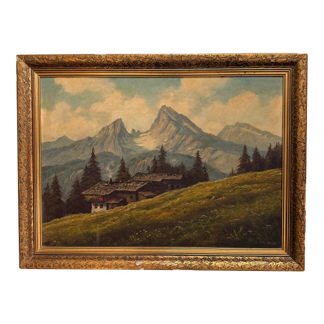 1960s Original Signed S. Gruber Watzman Mountain Oil Painting in Gold Gilt Frame For Sale
