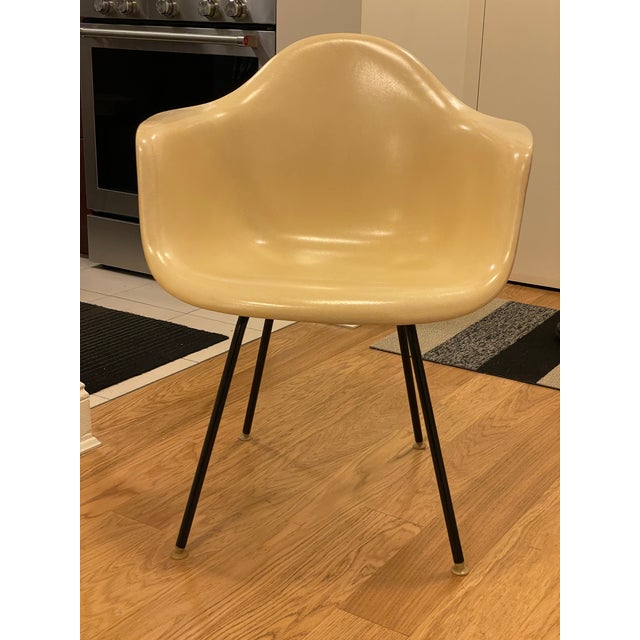 Parchment (cream-colored) vintage Eames Herman Miller molded fiberglass Arm Shell chair with black H base and walnut...