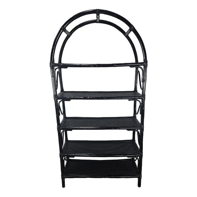 Large Mid-Century Black Wicker Bookcase with Shelves, 1970s For Sale