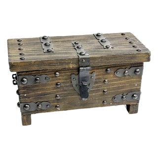 Vintage Mid Century Solid Wood, Spanish Mini Treasure Chest Box For Sale