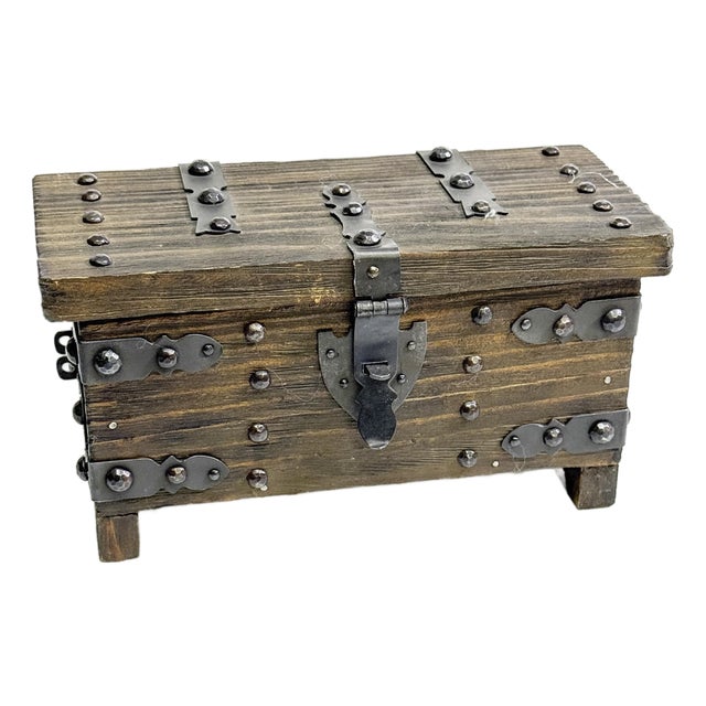 Vintage Mid Century Solid Wood, Spanish Mini Treasure Chest Box For Sale