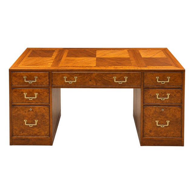 Hekman Burl Walnut Mid Century Campaign Desk For Sale
