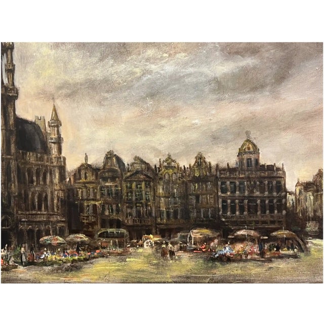 Emile Lammers, Market on the Grand Place in Brussels, 20th Century, Oil on Canvas For Sale - Image 3 of 5