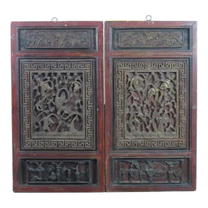 1922 Hand Carved Chinese Wall Hanging Panels - a Pair