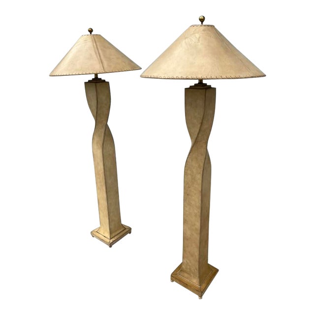 Pair of 1990s Lexington Furniture Cream Leather Floor Lamps With Matching Leather Shades For Sale
