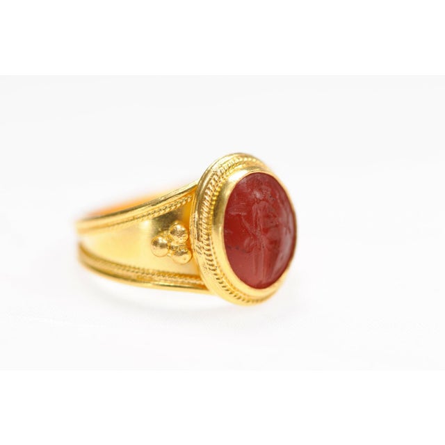 Contemporary 21K Gold Ring with Carnelian Intaglio, Size 7 For Sale - Image 3 of 12