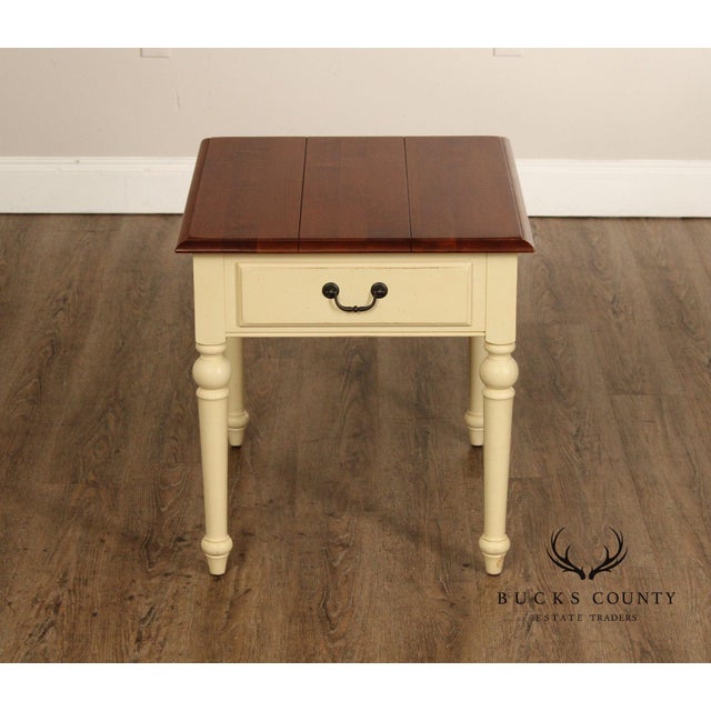 High Quality American Made Plank Top Nightstand or End Table with Single Dovetailed Drawer on Cream Painted Base