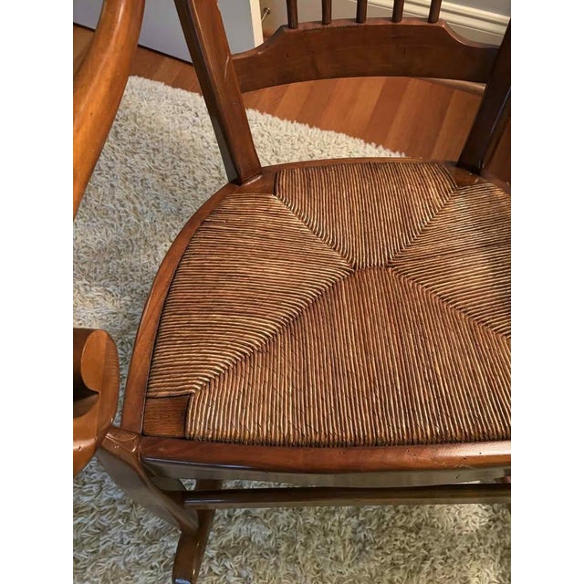 English Vintage Yew Wood Gooseneck Rocking Chair With Rush Seat For Sale - Image 3 of 4