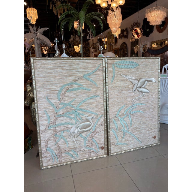 Textile Don Freedman Pair Wall Tapestry Framed Bamboo Woven Textile Silk Art Birds For Sale - Image 7 of 12
