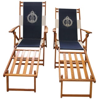 Ralph Lauren Inspired Deck Chairs Oakwood With Navy Blue and White Upholstery - a Pair For Sale
