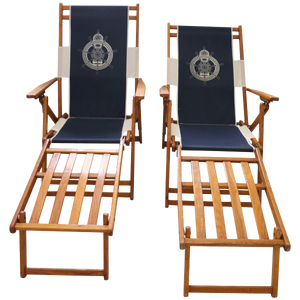 Ralph Lauren Inspired Deck Chairs Oakwood With Navy Blue and White Upholstery - a Pair