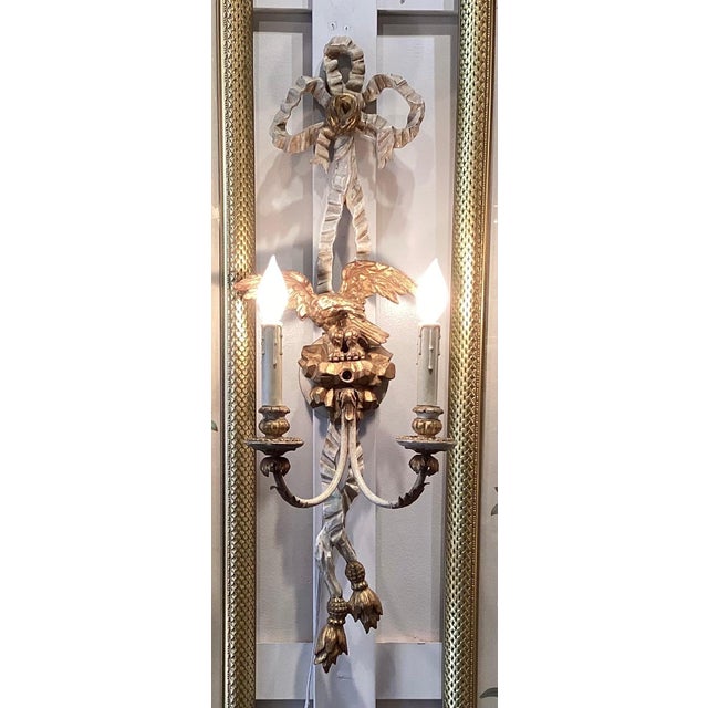 Traditional Early 20th C. Hand Carved Continental Parcel Gilt Eagle Motif Wall Sconces - A Pair For Sale - Image 3 of 11
