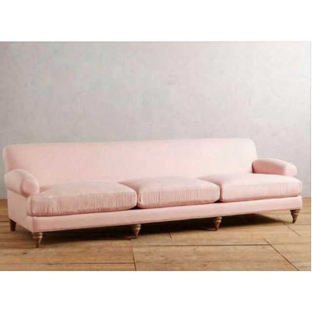 Light Pink Linen Willoughby Grand Sofa: 3 Cushion Wilcox in Petal Pink, With Wooden Foot Casters For Sale - Image 8 of 9