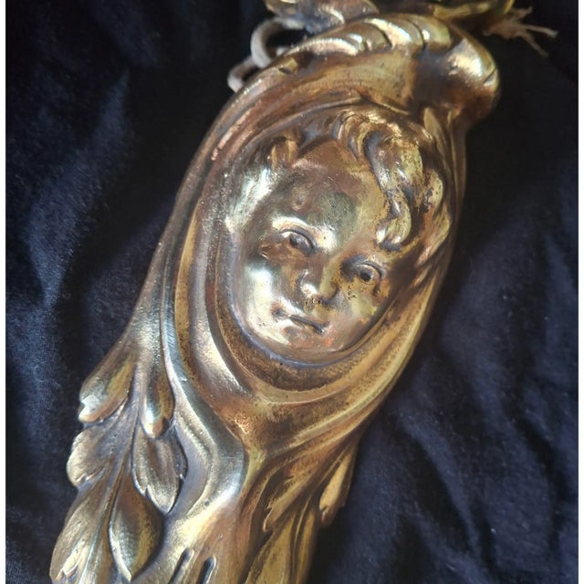 19thc French Art Nouveau Gilt Bronze "Beautiful Baby Face" Sconce With Designer Art Glass Period Shade For Sale - Image 16 of 18