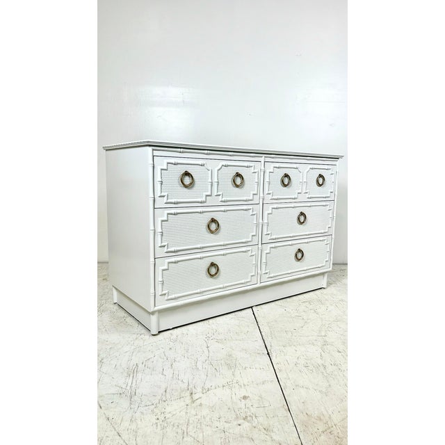 Coastal Vintage Lacquered Omega Faux Bamboo Chest of Drawers Dresser For Sale - Image 3 of 12