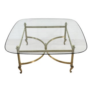 Italian Brass and Glass Coffee Table, Hollywood Regency Style, 38.75", Circa 1970s For Sale