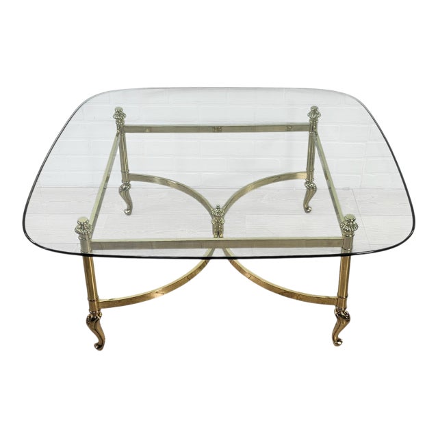 Italian Brass and Glass Coffee Table, Hollywood Regency Style, 38.75", Circa 1970s For Sale