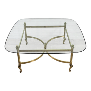 Italian Brass and Glass Coffee Table, Hollywood Regency Style, 38.75", Circa 1970s