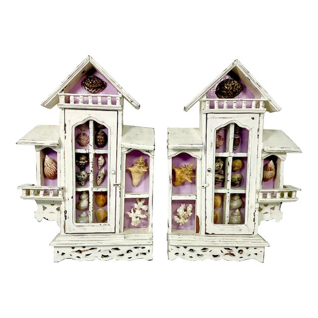 Vintage Coastal Boho Chic Lavender Ground Beach House Divided Shadowbox Decorative Object, Seashell Collection - A Pair For Sale