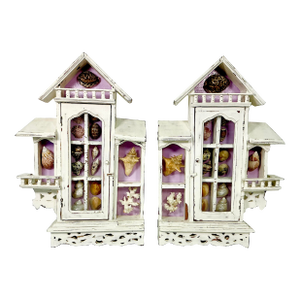 Vintage Coastal Boho Chic Lavender Ground Beach House Divided Shadowbox Decorative Object, Seashell Collection - A Pair