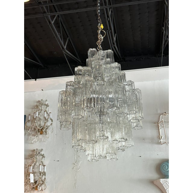 Modern Vintage 1970s Large Murano Tronchi Venini Glass Chrome 5 Tier Chandelier For Sale - Image 3 of 13