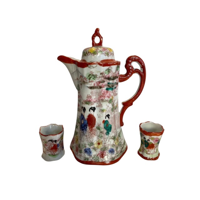 Japanese Kutani Style Porcelain Tea Set. Service for 6 with teapot, cream and sugar, extra pitcher, 2 toothpicks, and 6...