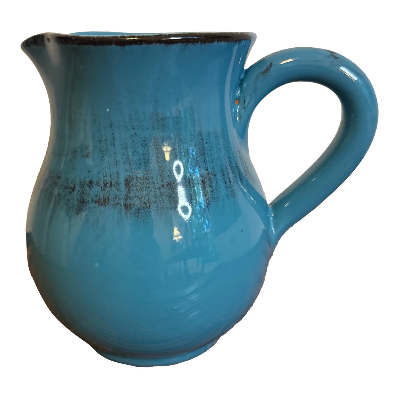 Vintage Blue Ceramic Pitcher With Dark Brown Accents, Italy | Chairish