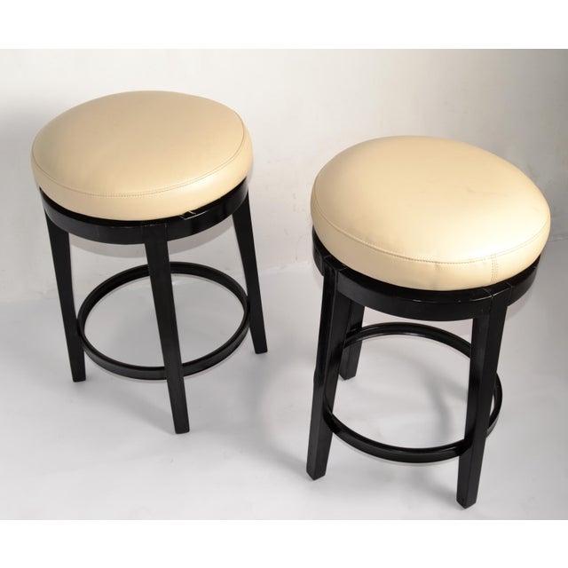 Black Pair, Vintage Swivel 24 Inch Kitchen Stools Black Wood Tan-Beige Faux Leather Seats For Sale - Image 8 of 16