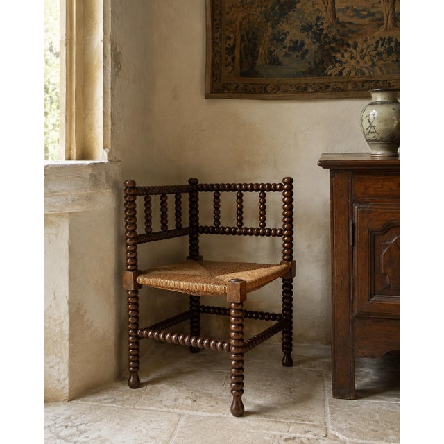 French Provincial Antique French Provincial Rush Corner Chair Carved Oak 19th C. For Sale - Image 3 of 15