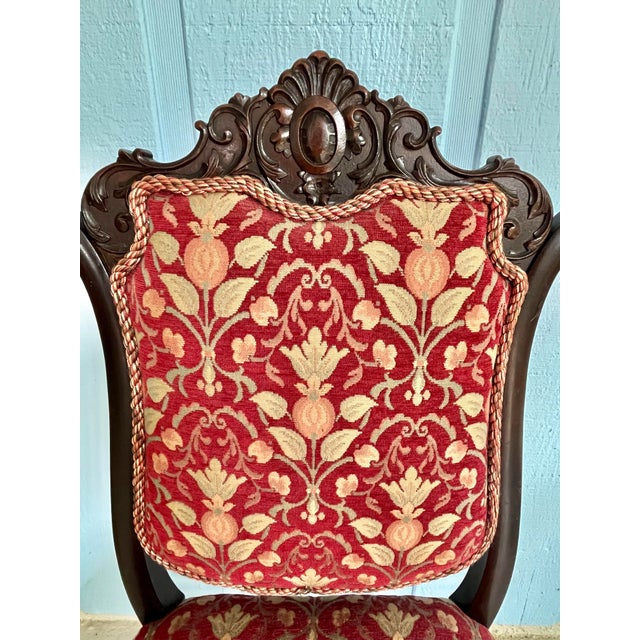 Rococo C. 1870 Antique American Victorian Rococo Revival Mahogany Parlor Chair With Carved Crest, Ball-and-Claw Feet, Tapestry Upholstery For Sale - Image 3 of 13
