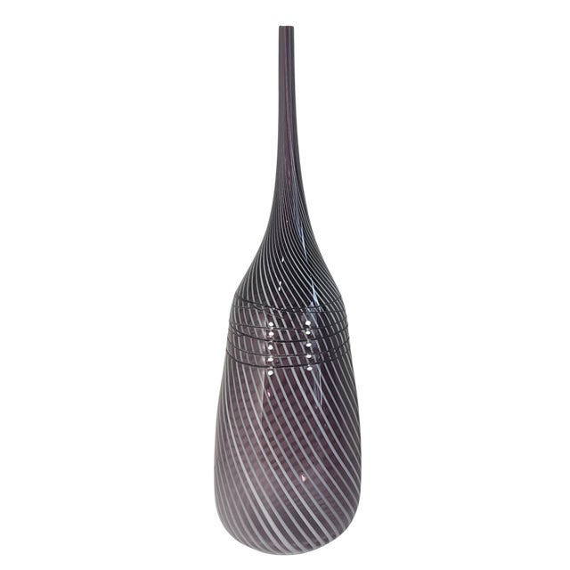 Mid-Century Modern 24 + In. Murano Style Purple White Applied Black Swirl Bulbous Art Glass Vase Set of 2 For Sale - Image 3 of 14