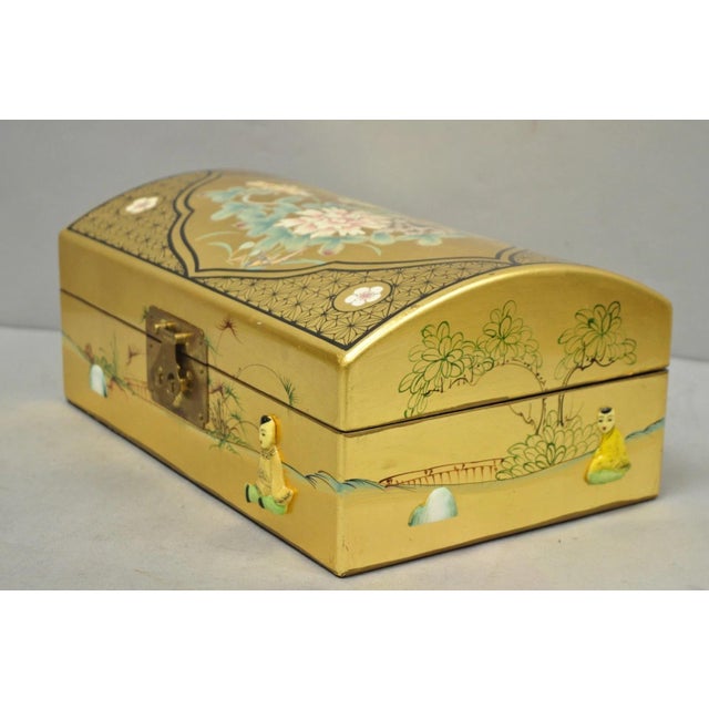 Vintage Chinese Oriental Gold Leaf Dome Lid Jewelry Box W/ Soapstone Figures For Sale - Image 13 of 18